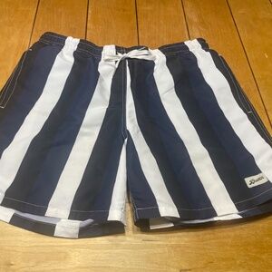 Bather Diffusion Swim Trunk Medium 5.5” Inseam Black/Blue/White Striped Pattern
